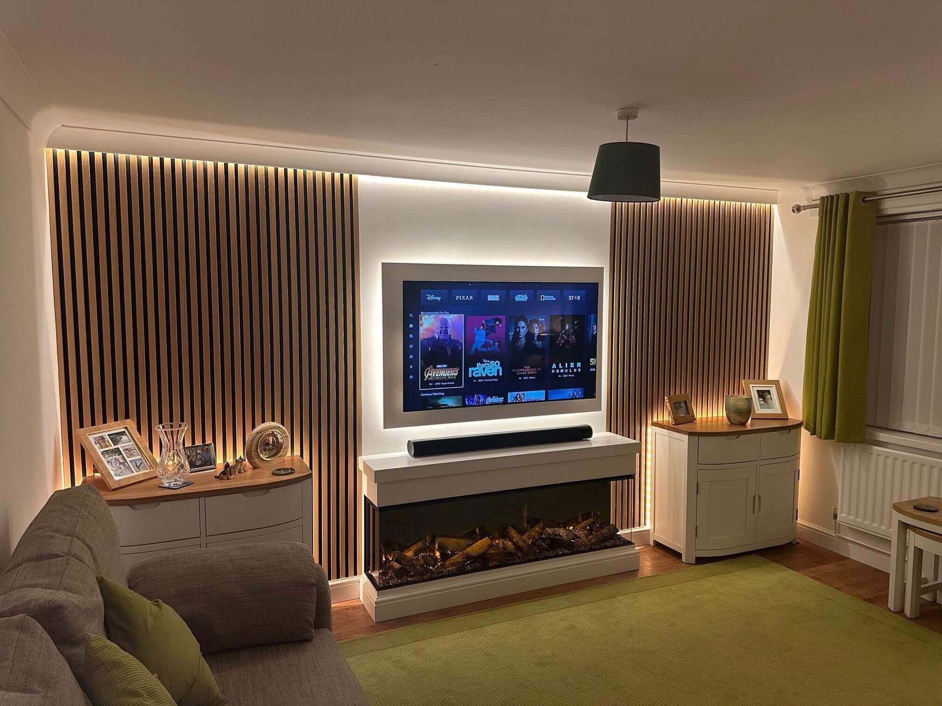realistic electric fire in custom made small media wall