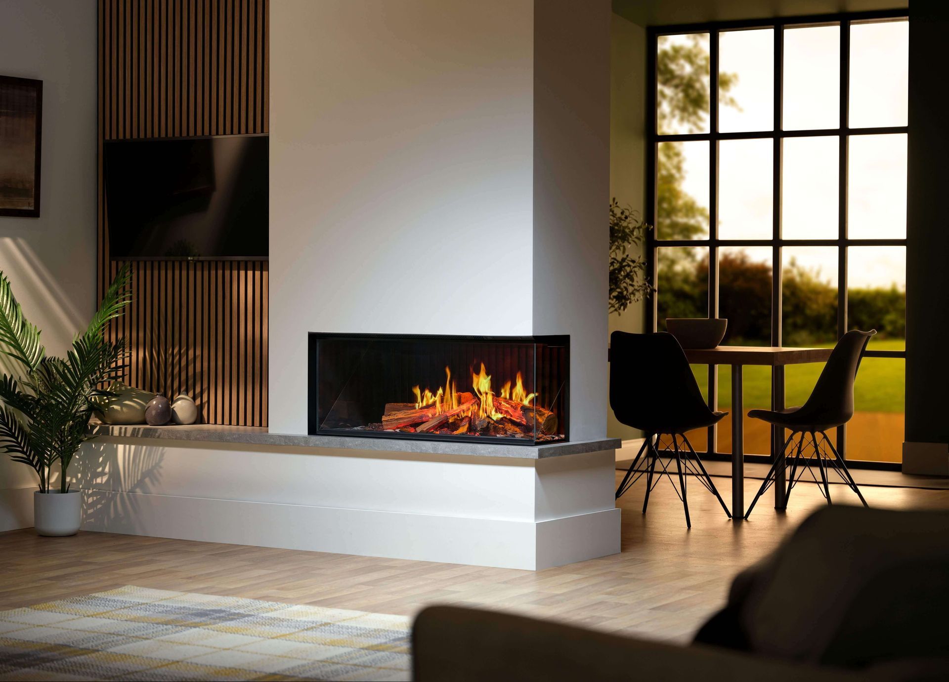 Vision Fires Solus iX10 in neutral false chimney. media wall fires