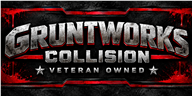 Gruntworks Collision logo in metallic white and red on a dark textured background, with “Veteran Owned” below