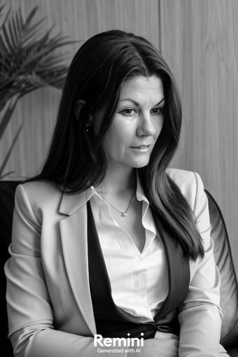 A black and white photo of a woman in a suit sitting in a chair.