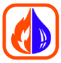 Logo arancione a forma di quadrato arrotondato con centro bianco, caratterizzato da una fiamma blu e un'icona di fiamma arancione.