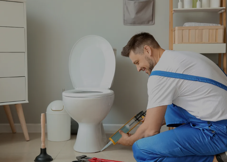 Idraulico in tuta blu che ripara un water in un bagno con uno sturalavandini nelle vicinanze