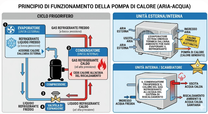 Diagramma tecnico in italiano del ciclo frigorifero di una pompa di calore aria-acqua con frecce rosse e blu.