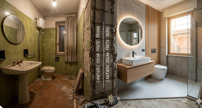 Bagno con vista divisa: a sinistra il vecchio bagno con piastrelle verdi, a destra il moderno bagno con piastrelle bianche, lavabo, vasca e finestra.