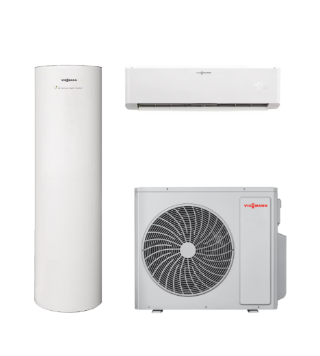 Sistema a pompa di calore bianco: serbatoio interno alto, unità a parete e condensatore esterno su sfondo chiaro.