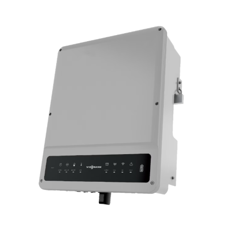 Inverter grigio da parete con pannello di controllo nero e connettore laterale.