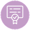 An icon of a certificate with a check mark on it in a purple circle.