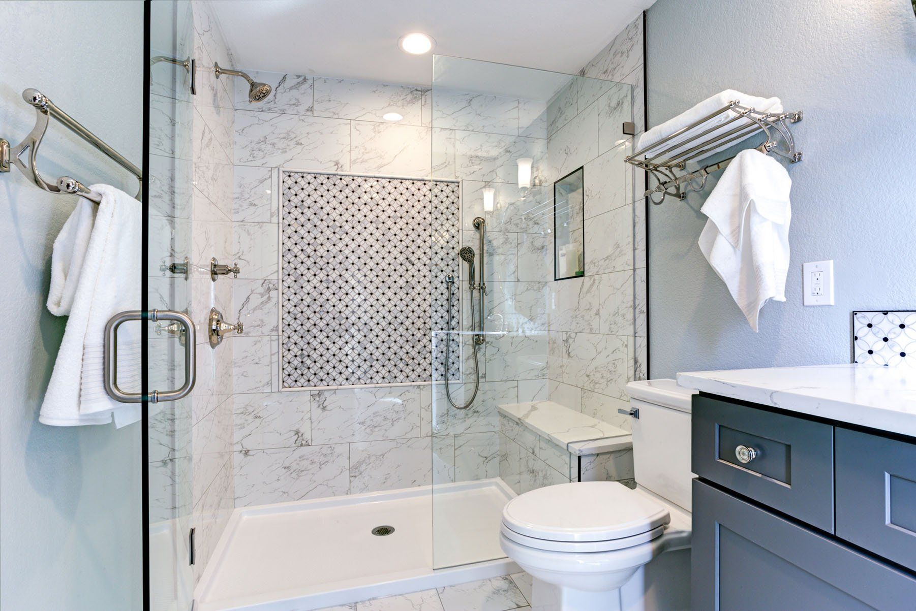 Frameless shower with marble design — Pinckney, MI — Pinckney Glass Inc.
