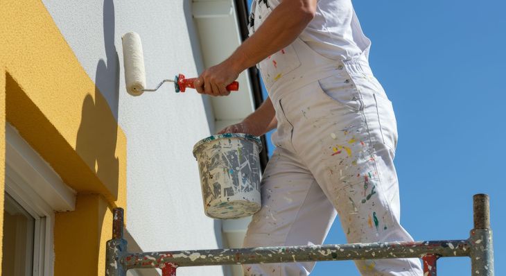 Painter on scaffolding rolling white paint on a yellow exterior wall