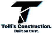 Logo for Tolli's Construction: Black, angled "T" with light blue outline, company name, "Built on trust" tagline.