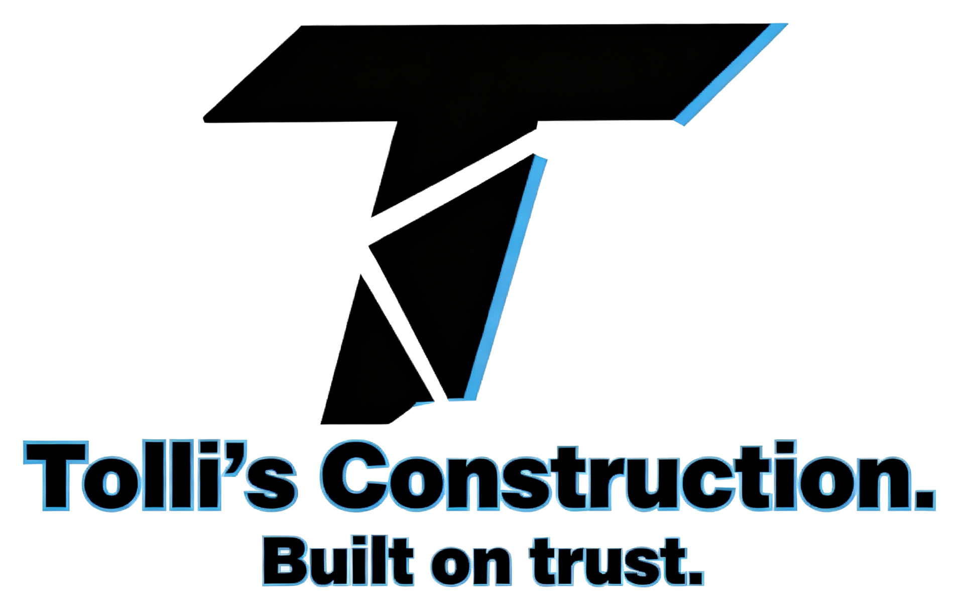 Logo for Tolli's Construction: Black, angled "T" with light blue outline, company name, "Built on trust" tagline.