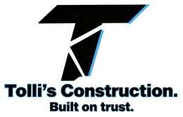 Logo for Tolli's Construction: Black, angled "T" with light blue outline, company name, "Built on trust" tagline.