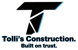 Logo for Tolli's Construction: Black, angled "T" with light blue outline, company name, "Built on trust" tagline.