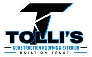 Logo for Tolli's Construction: Black, angled "T" with light blue outline, company name, "Built on trust" tagline.