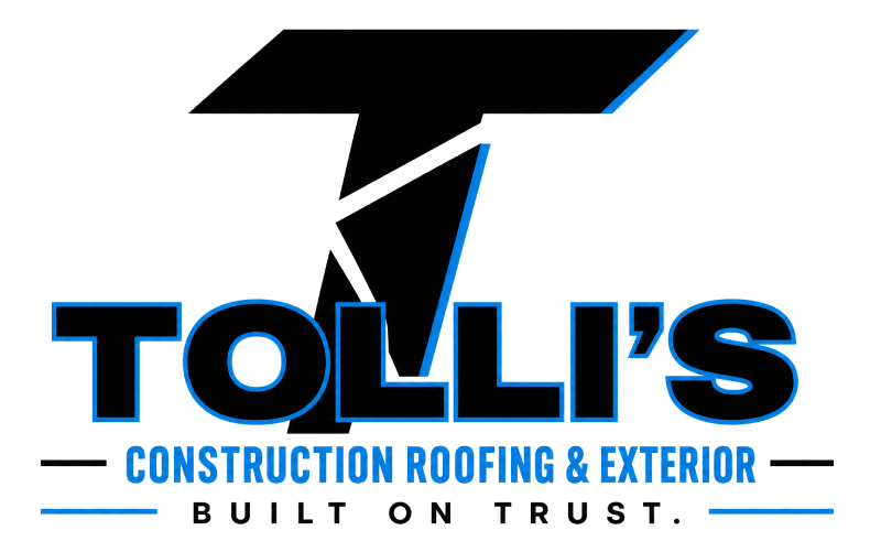 Logo for Tolli's Construction: Black, angled "T" with light blue outline, company name, "Built on trust" tagline.