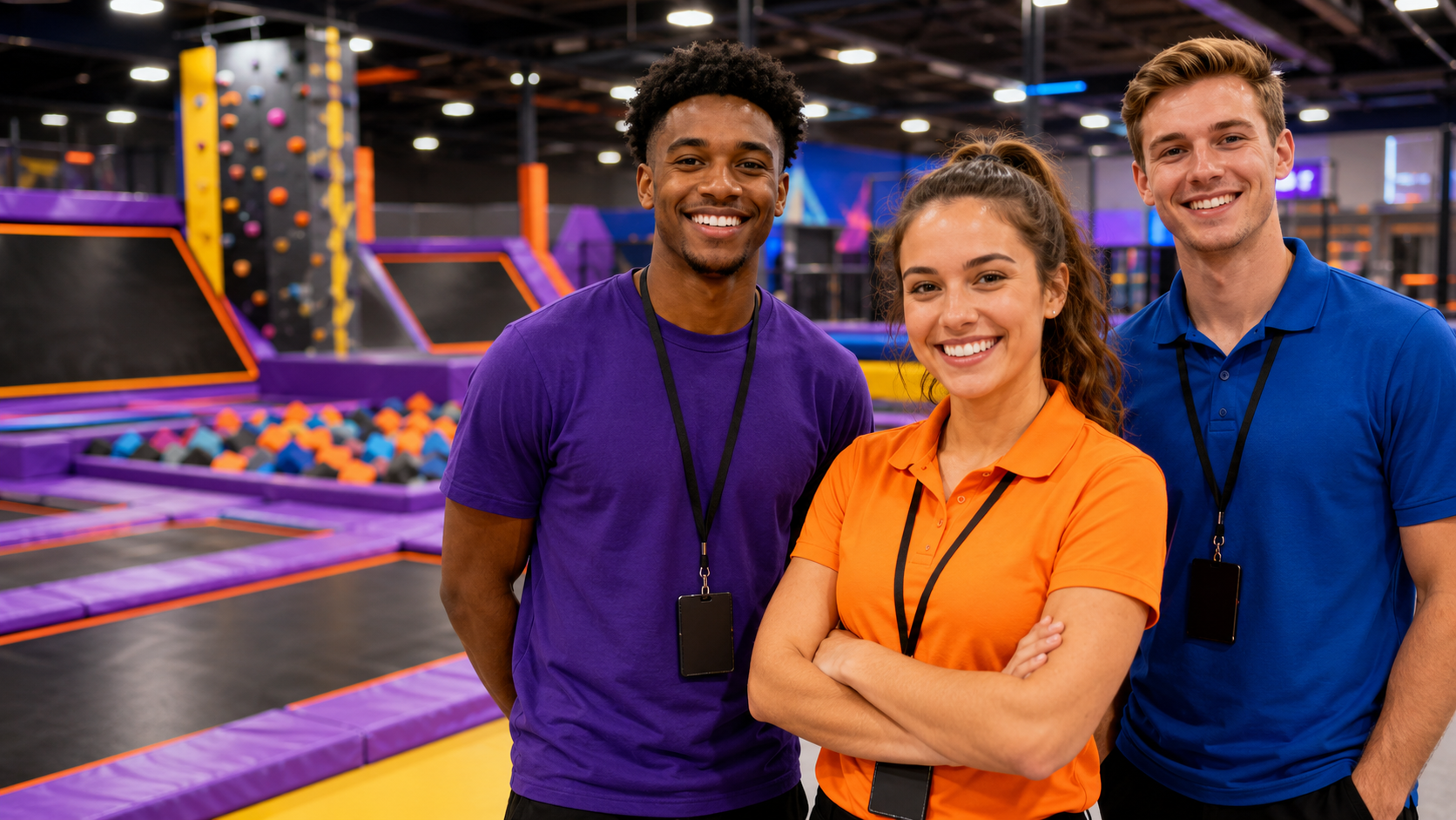 People walking on a large indoor trampoline park. Black mats with yellow, orange, and green borders.