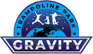 Logo for Gravity Trampoline Park: Blue arch with bouncing figures over a world graphic, text 