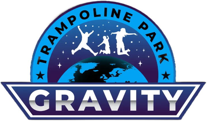 Logo for Gravity Trampoline Park: Blue arch with bouncing figures over a world graphic, text 