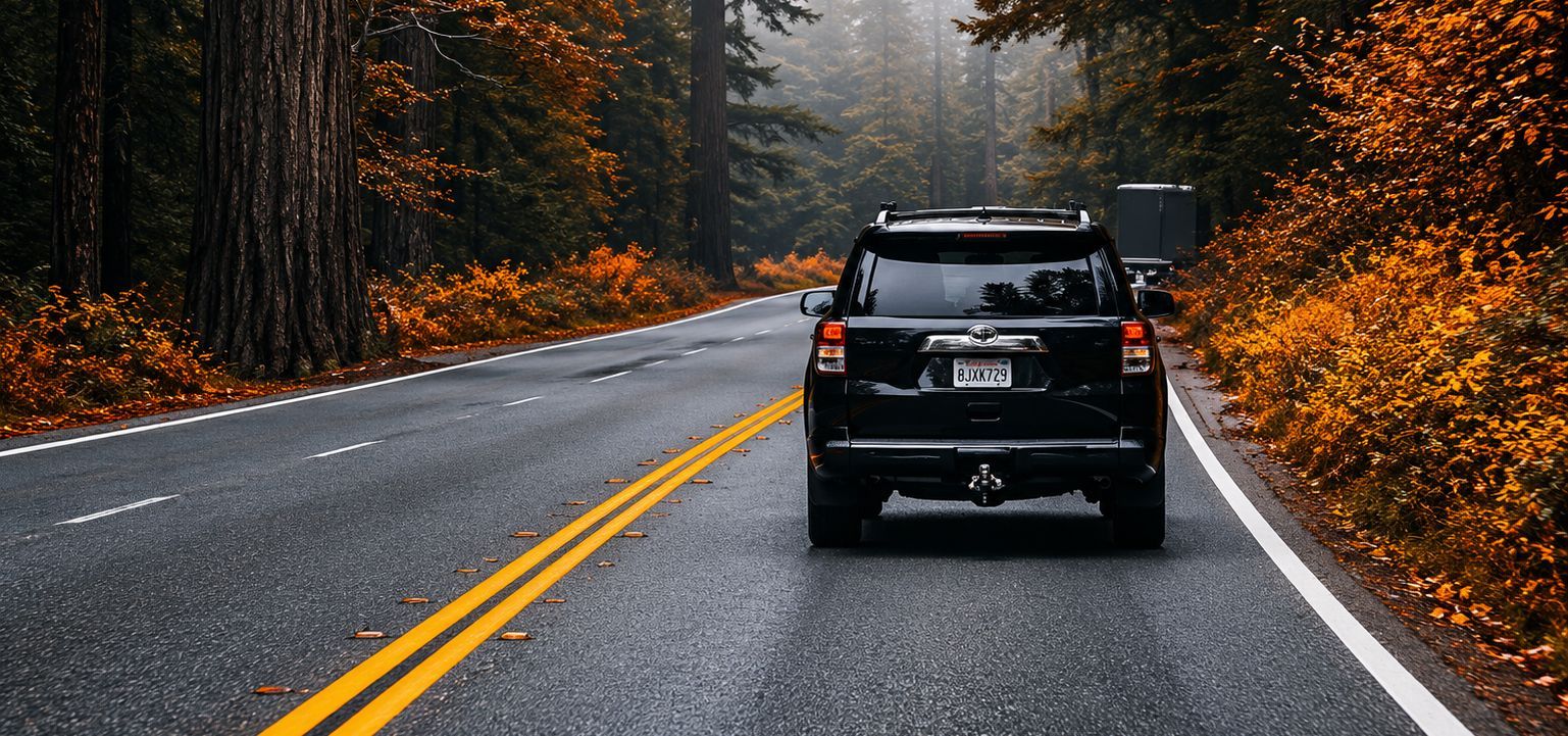 Black SUV driving on a wet forest road with double yellow lines and autumn foliage.