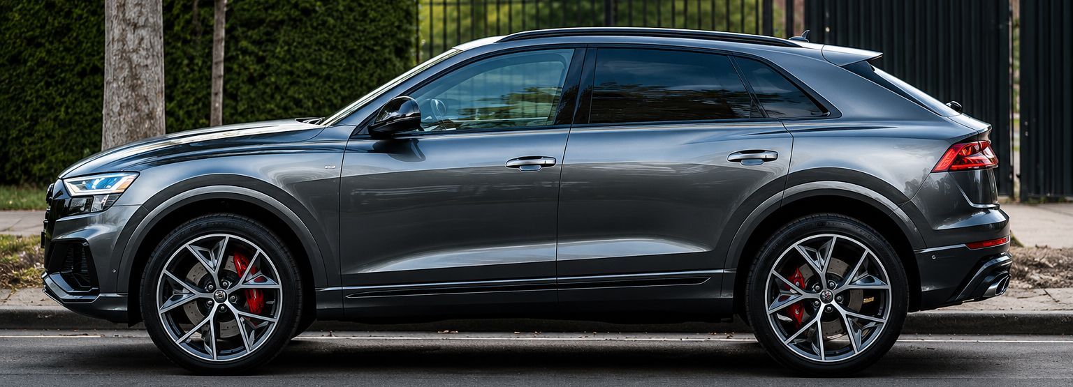 Dark gray sports SUV in side view, parked on a road with red brake calipers and black alloy wheels