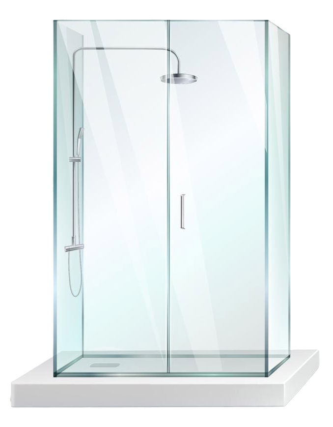 Modern glass shower enclosure with sliding door, chrome fixtures, and white base.