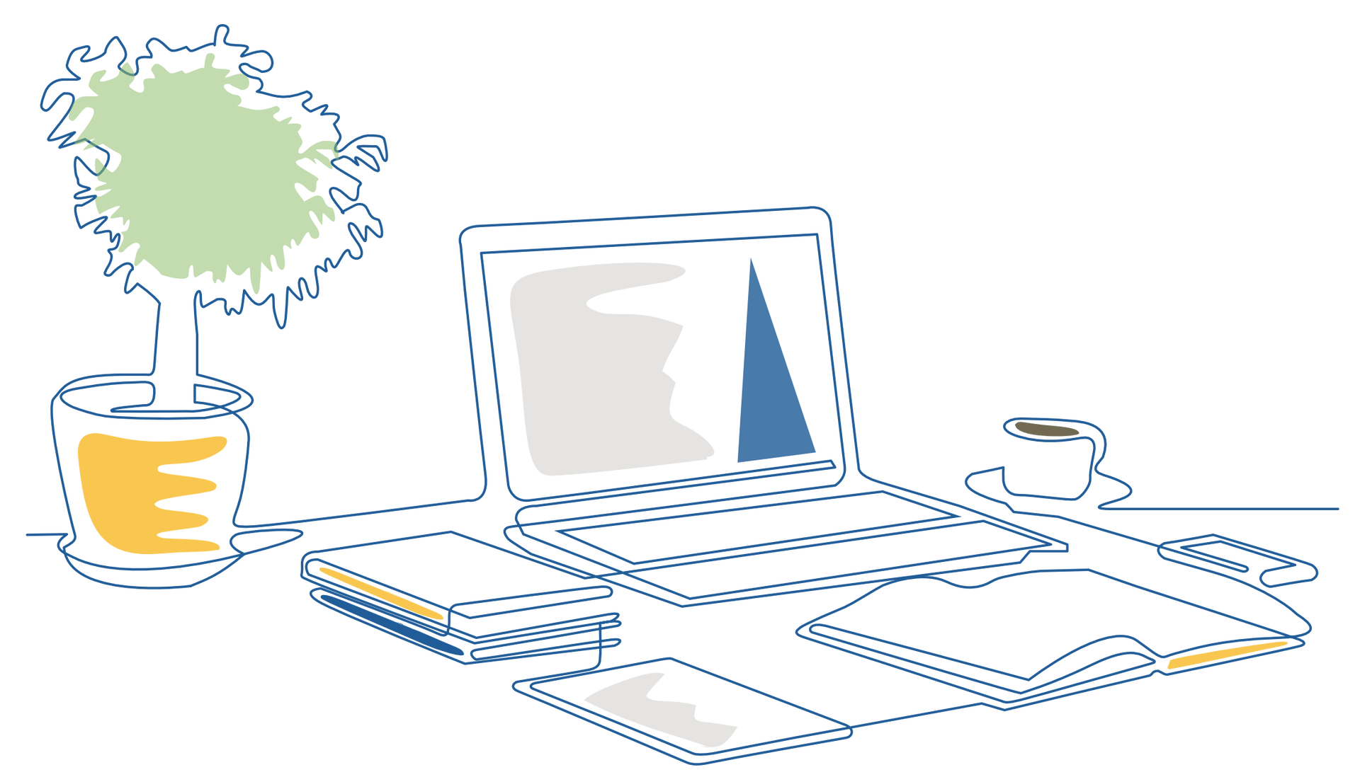 A drawing of a desk with a laptop and a potted plant