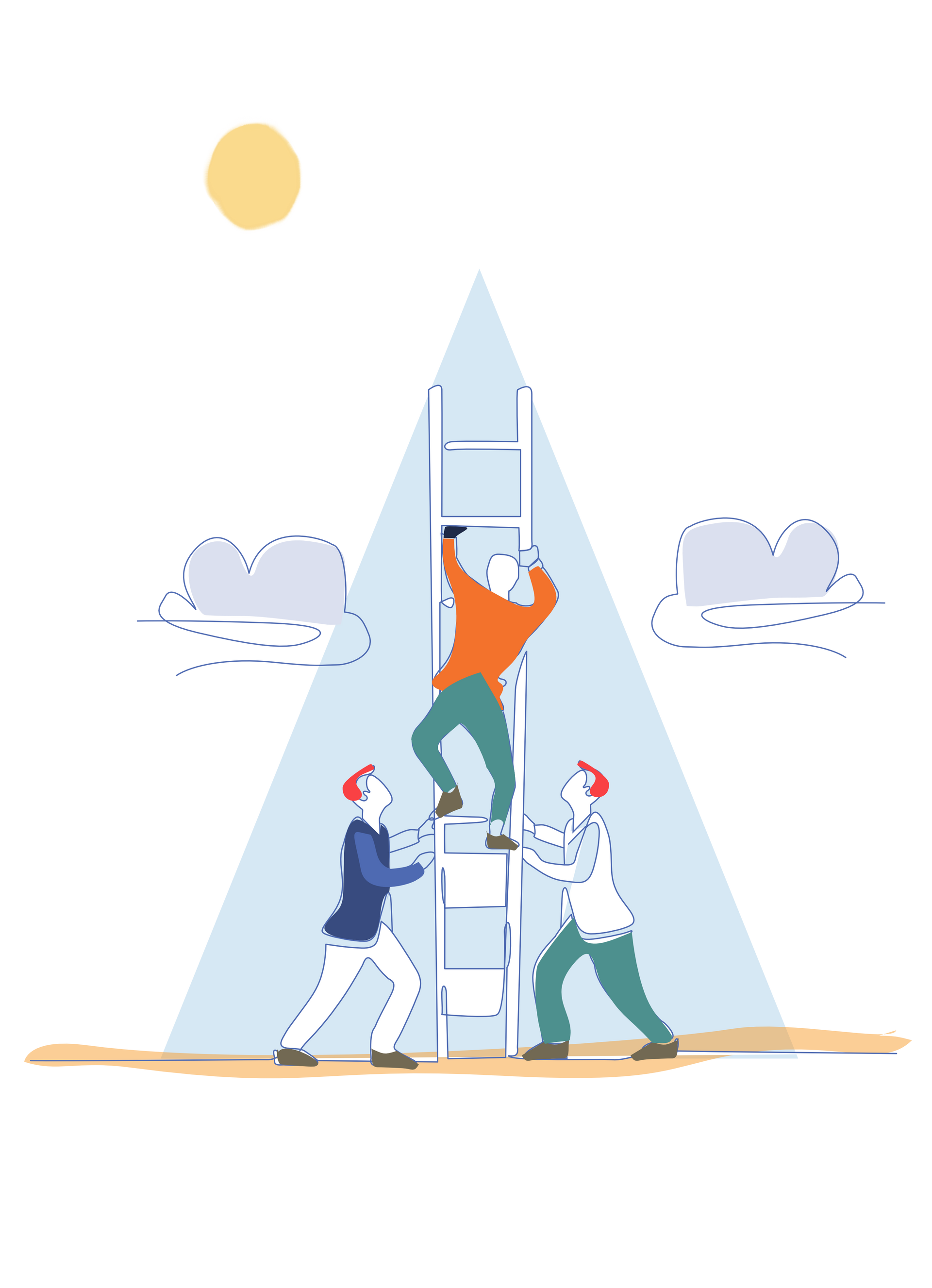 A group of people are climbing a ladder together.