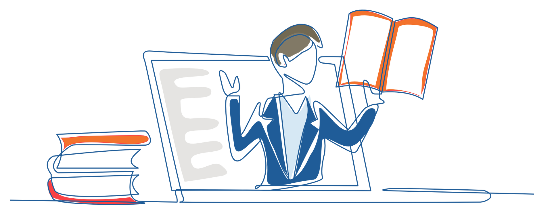 A drawing of a man holding a book in front of a computer screen.