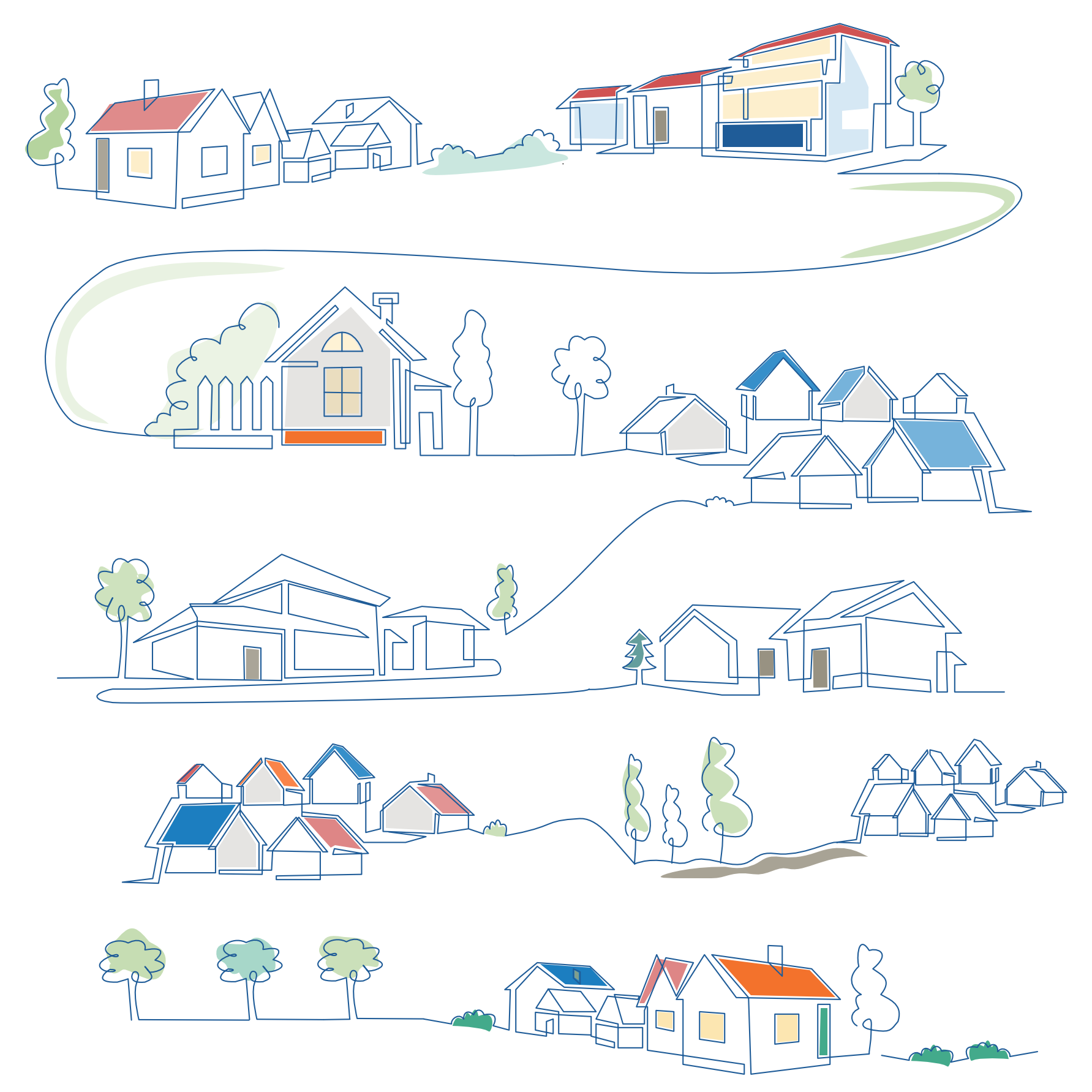A set of drawings of houses and trees on a white background