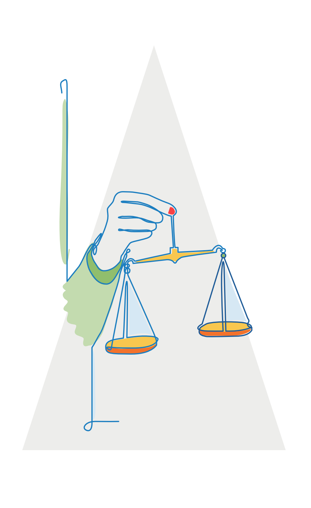 A hand is holding a pair of scales in a triangle.