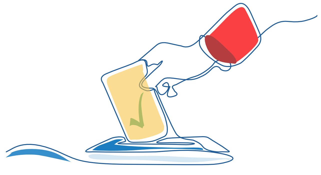 A drawing of a person holding a red cup over a yellow object.