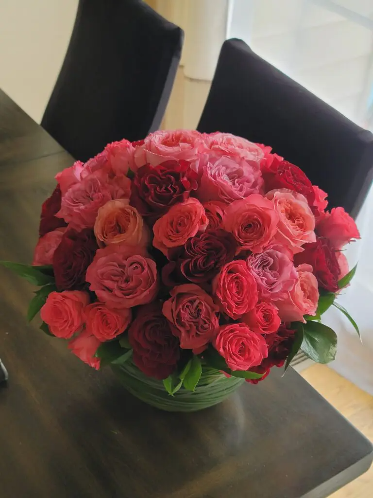 A vase filled with pink and red roses is sitting on a table.