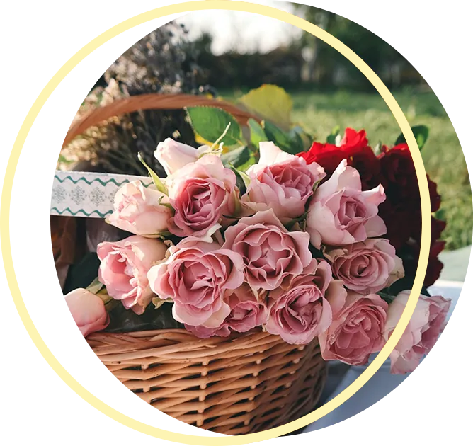 A wicker basket filled with pink roses and red roses A wicker basket filled with pink roses and red roses
