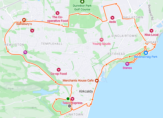 Map of Kirkcaldy showing the half marathon route