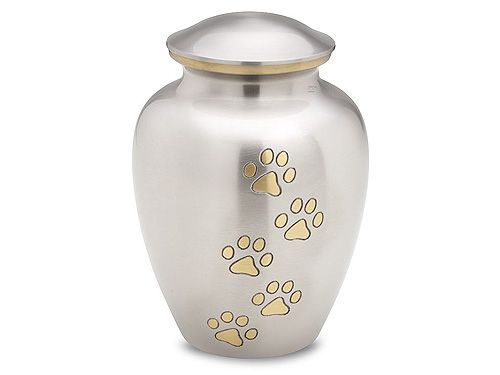 Silver pet cremation urn with gold paw prints.