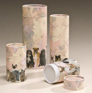 Several floral-patterned pet urns of varying sizes with illustrations of dogs and cats.