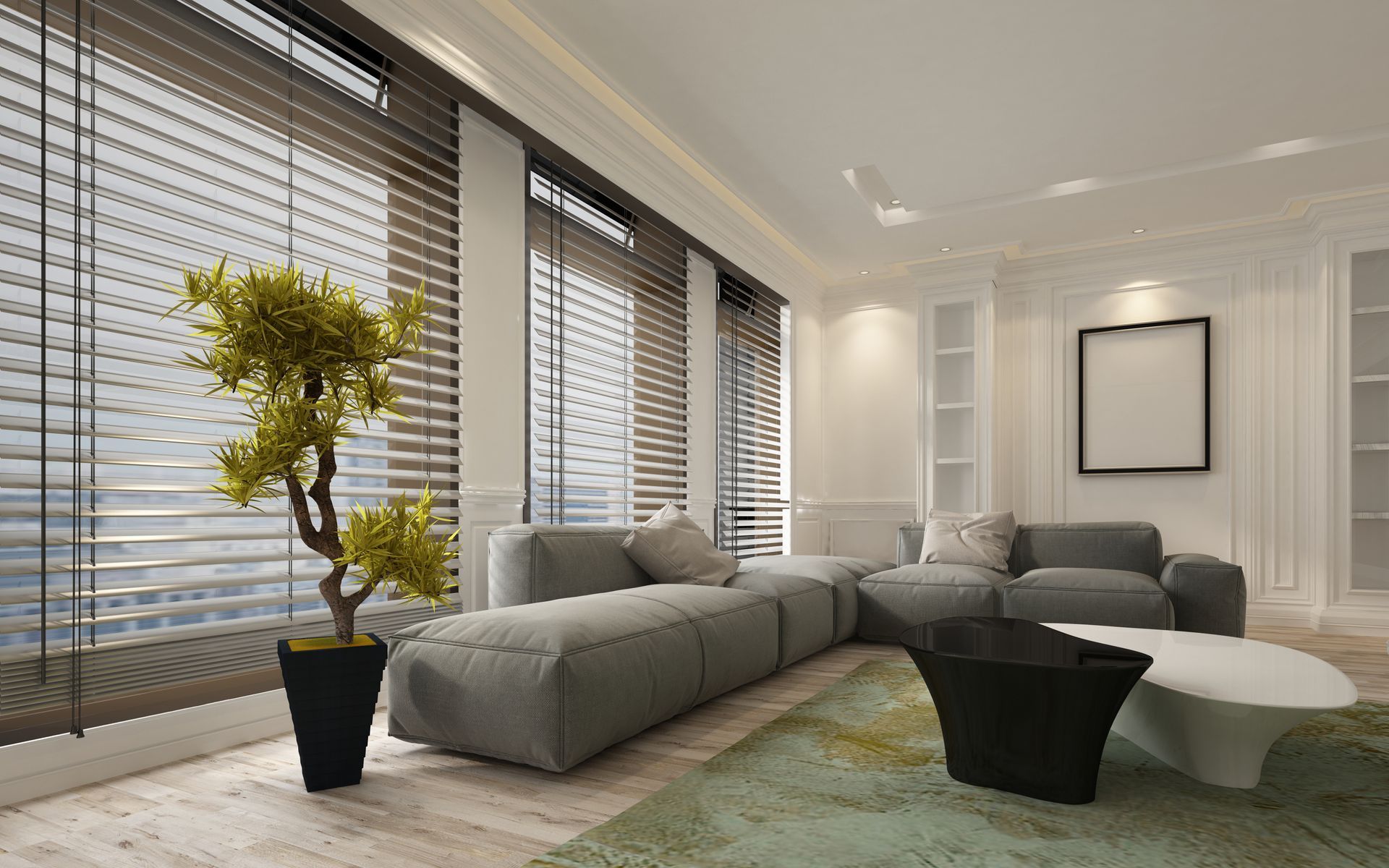 Modern living room with gray sectional, white chairs, black coffee table, and large windows with blinds.