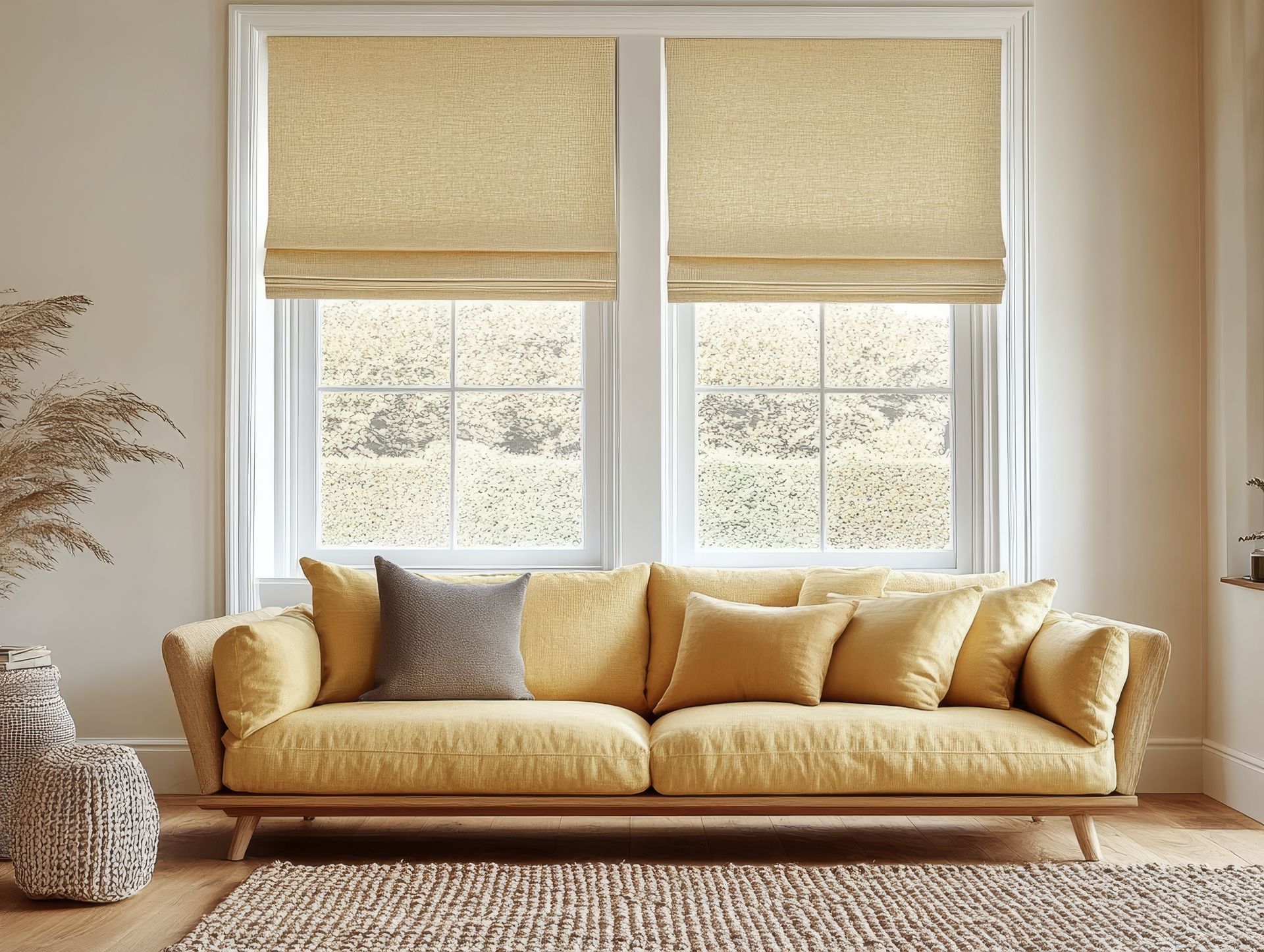 Gray Roman shade covering a window above a narrow wooden sill