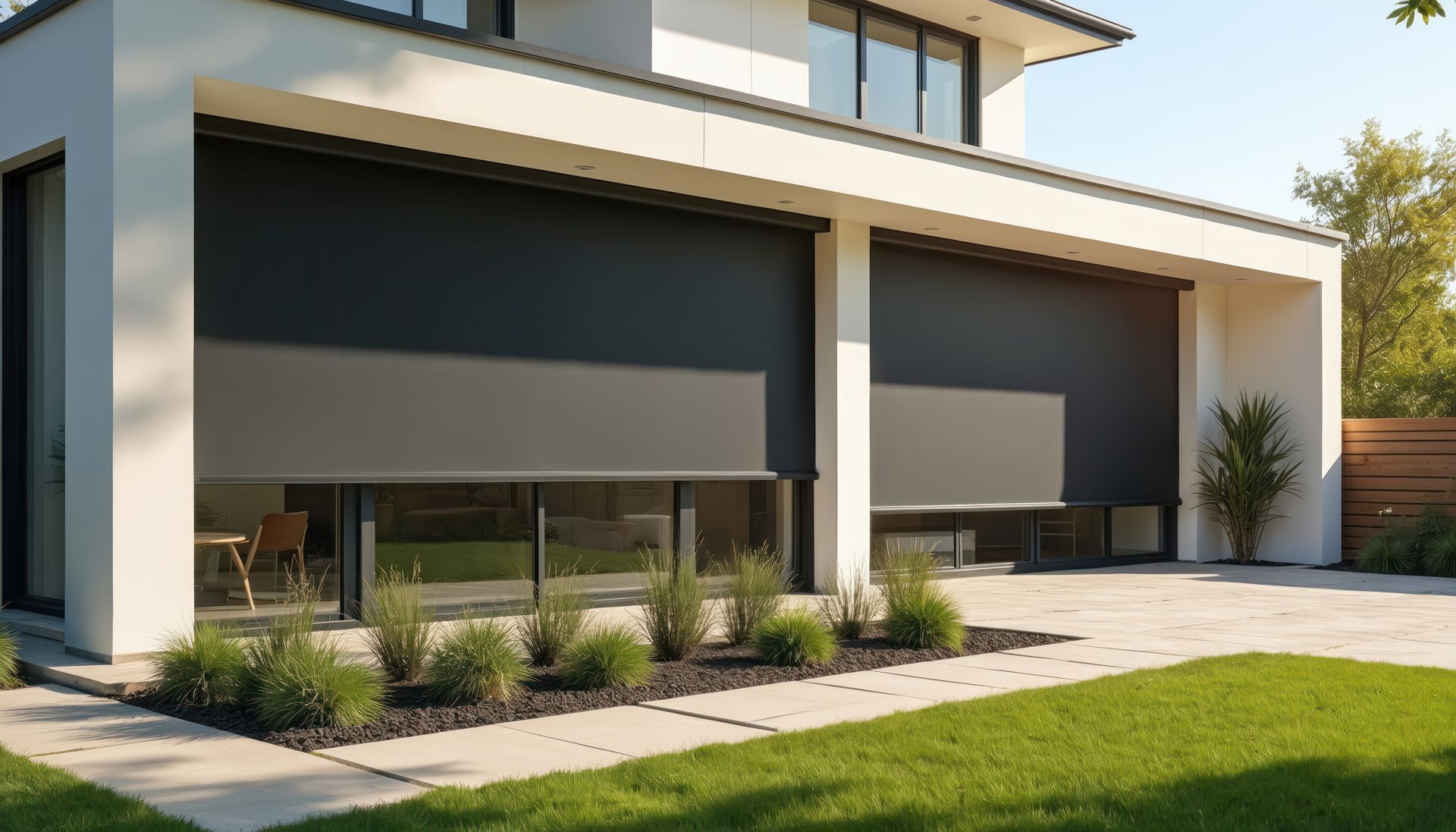 Two-story stone house with striped awnings, garage doors, gravel driveway, and a grassy front yard.