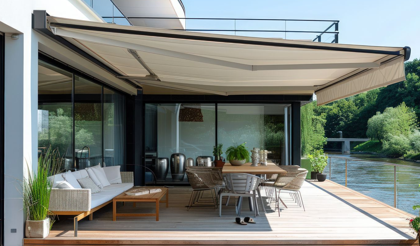 Covered wooden patio overlooking a blue swimming pool with black railing and brick columns