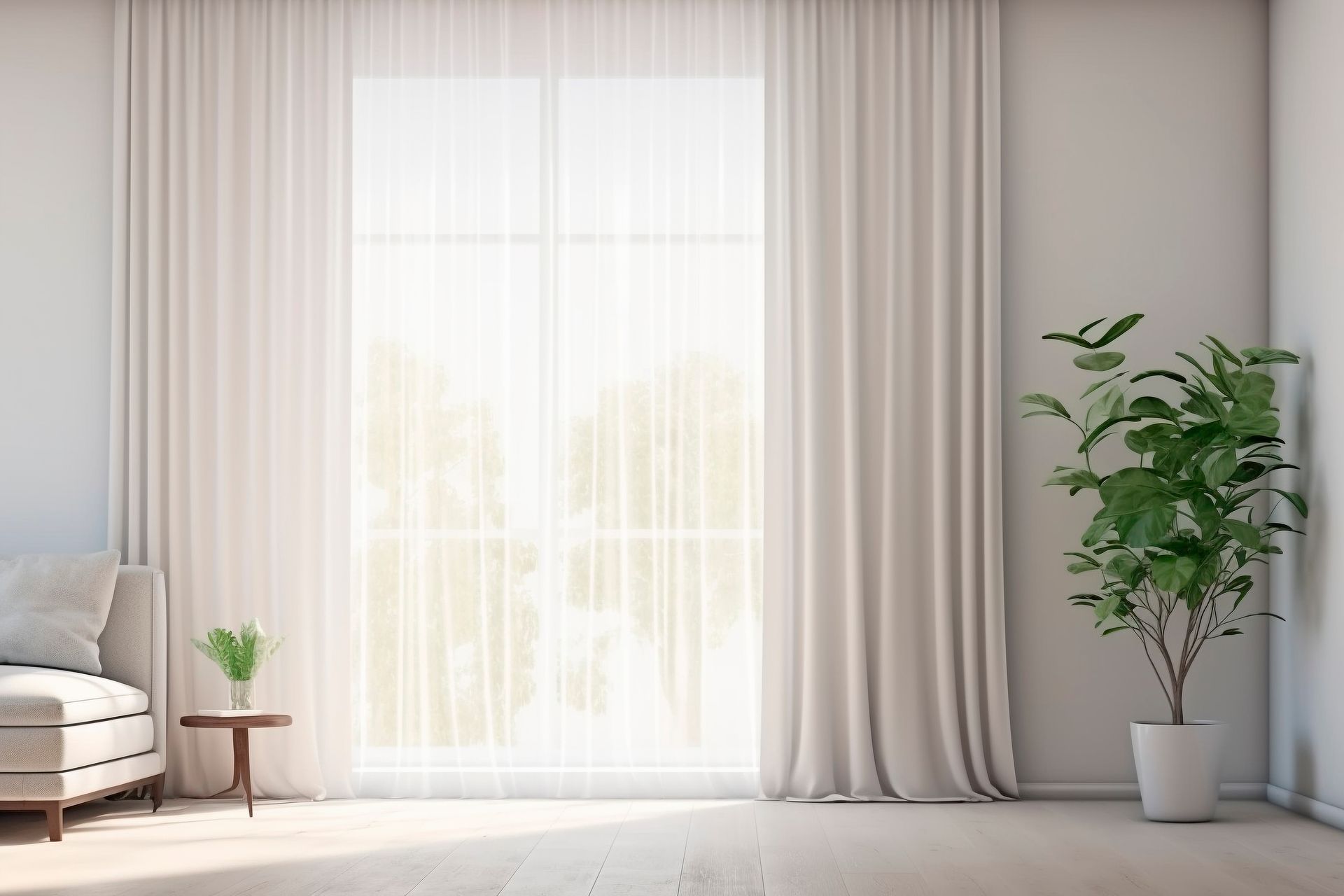 Cozy room with beige curtains, chaise lounge, and wooden floor. Sunlight streams through a window.