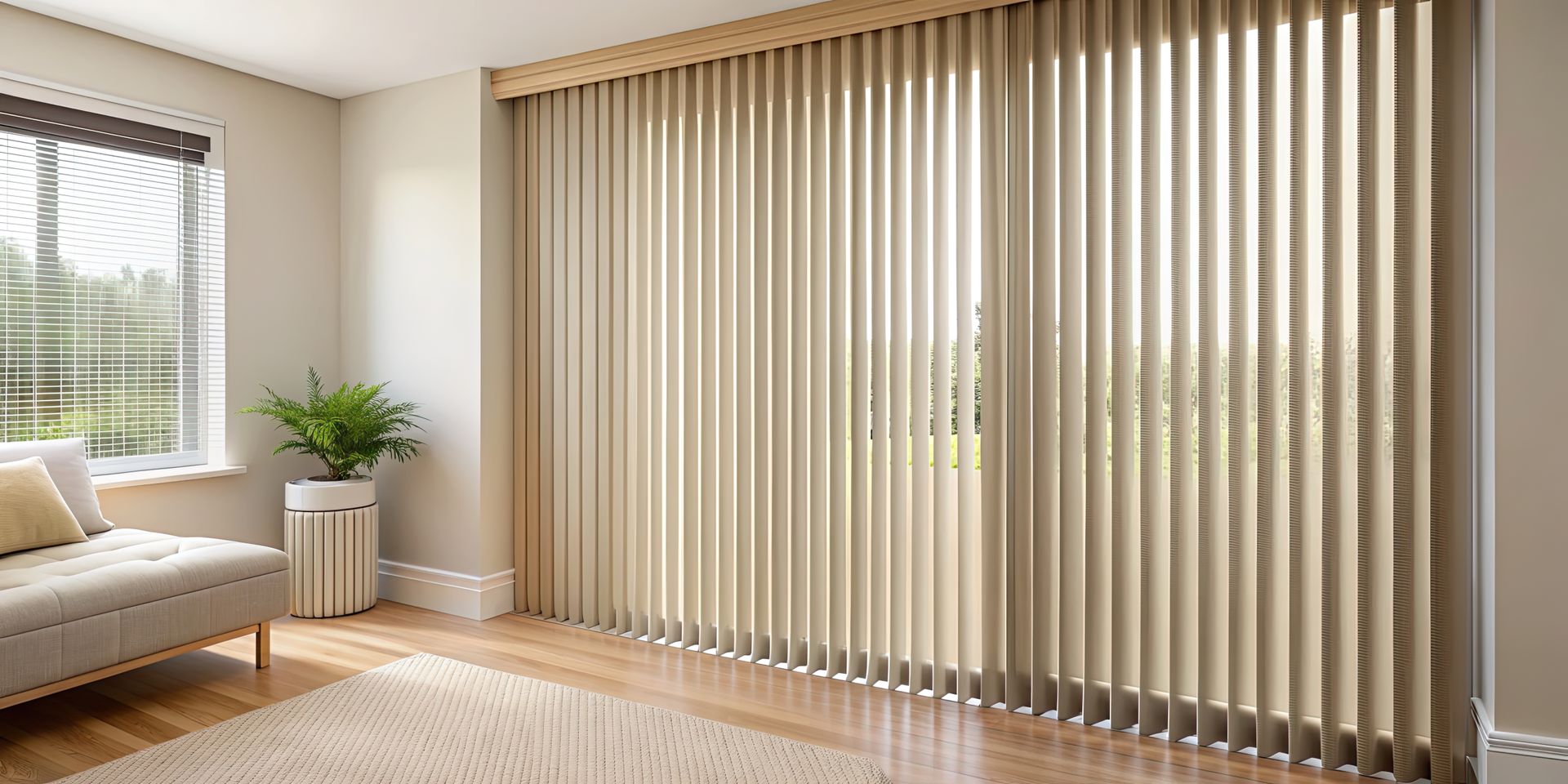 Indoor room with large window blinds, a wooden headboard, and a potted plant near the curtains