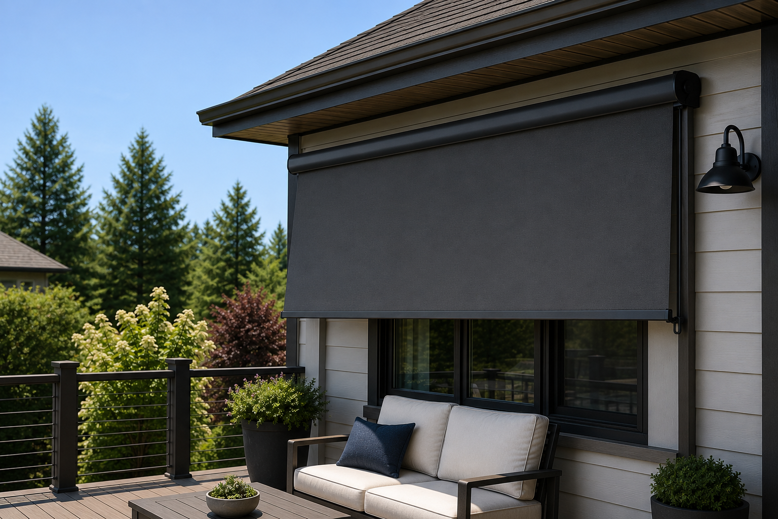 White vertical blinds covering a covered patio beside a brick wall and wooden deck
