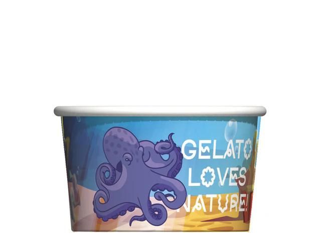 Coppetta di gelato blu con un polpo viola e la scritta 
