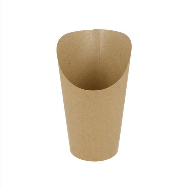 Bicchiere di carta kraft marrone con bordo svasato su sfondo bianco.