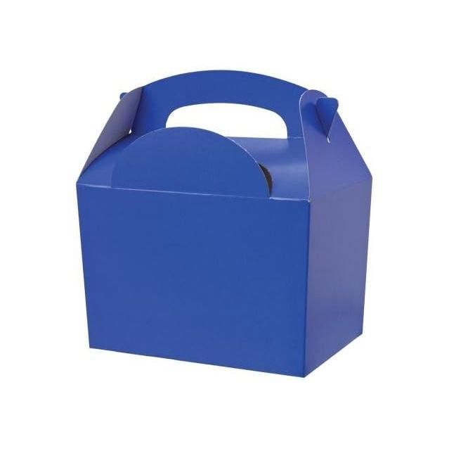 Scatola regalo in cartone blu con maniglia e coperchio con aletta arrotondata.