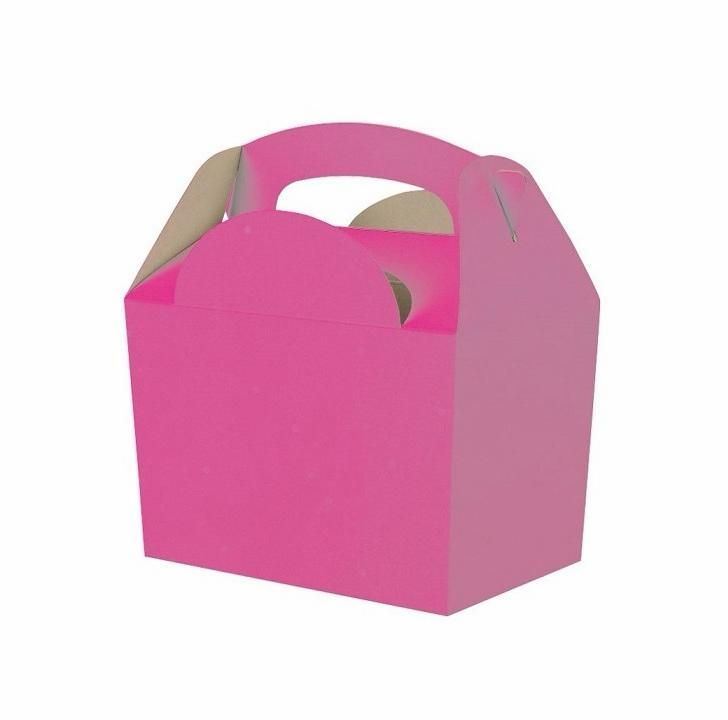 Sacchetto regalo rosa con manico e interno marrone su sfondo bianco.