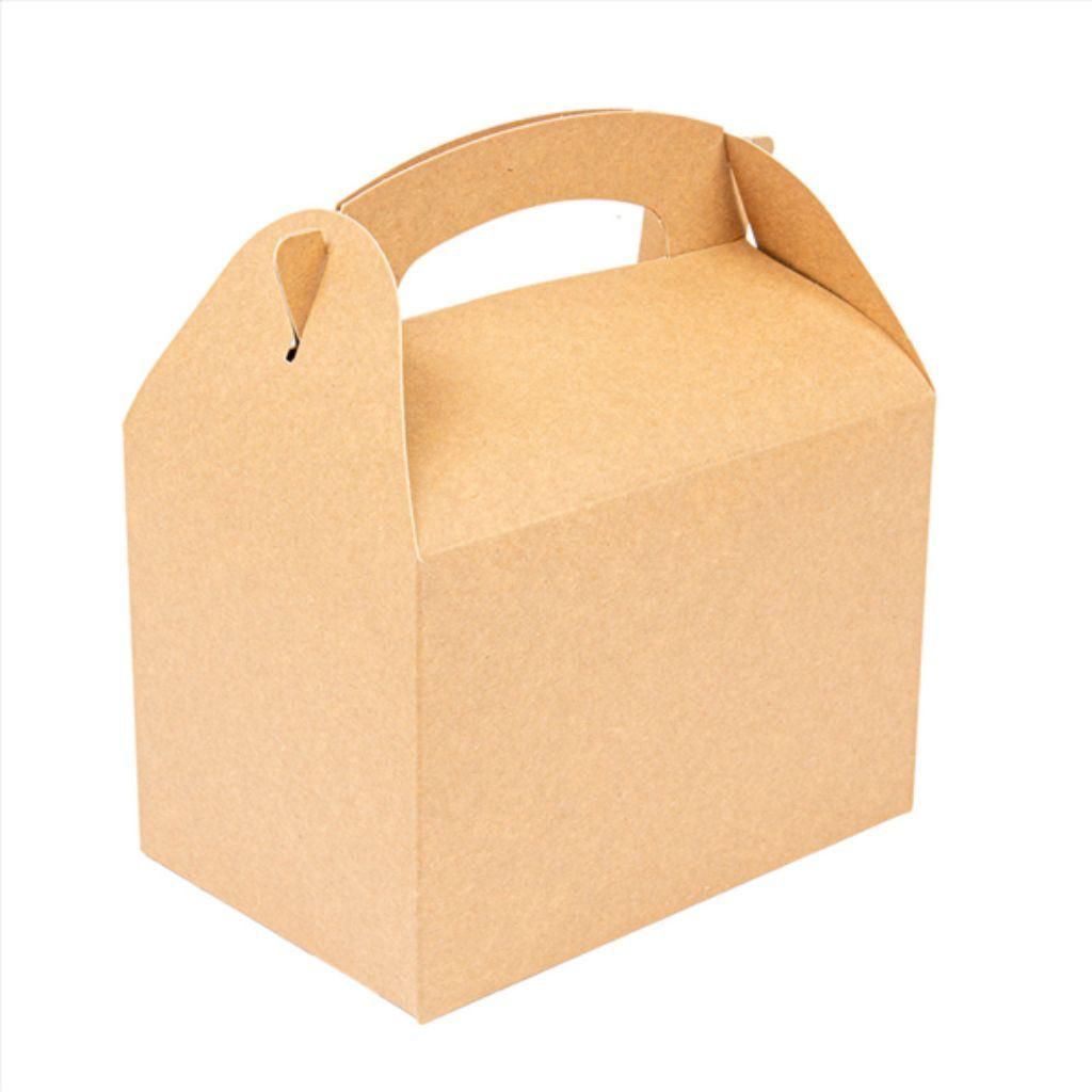 Scatola da asporto in cartone beige con manico fustellato, mostrata su sfondo bianco.