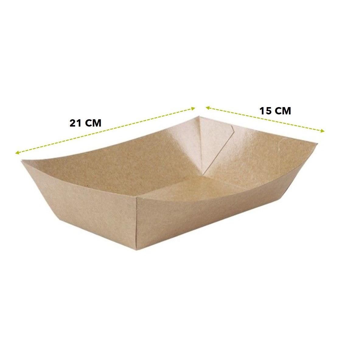 Vassoio per alimenti in carta marrone con le dimensioni di 21 cm e 15 cm indicate sopra.