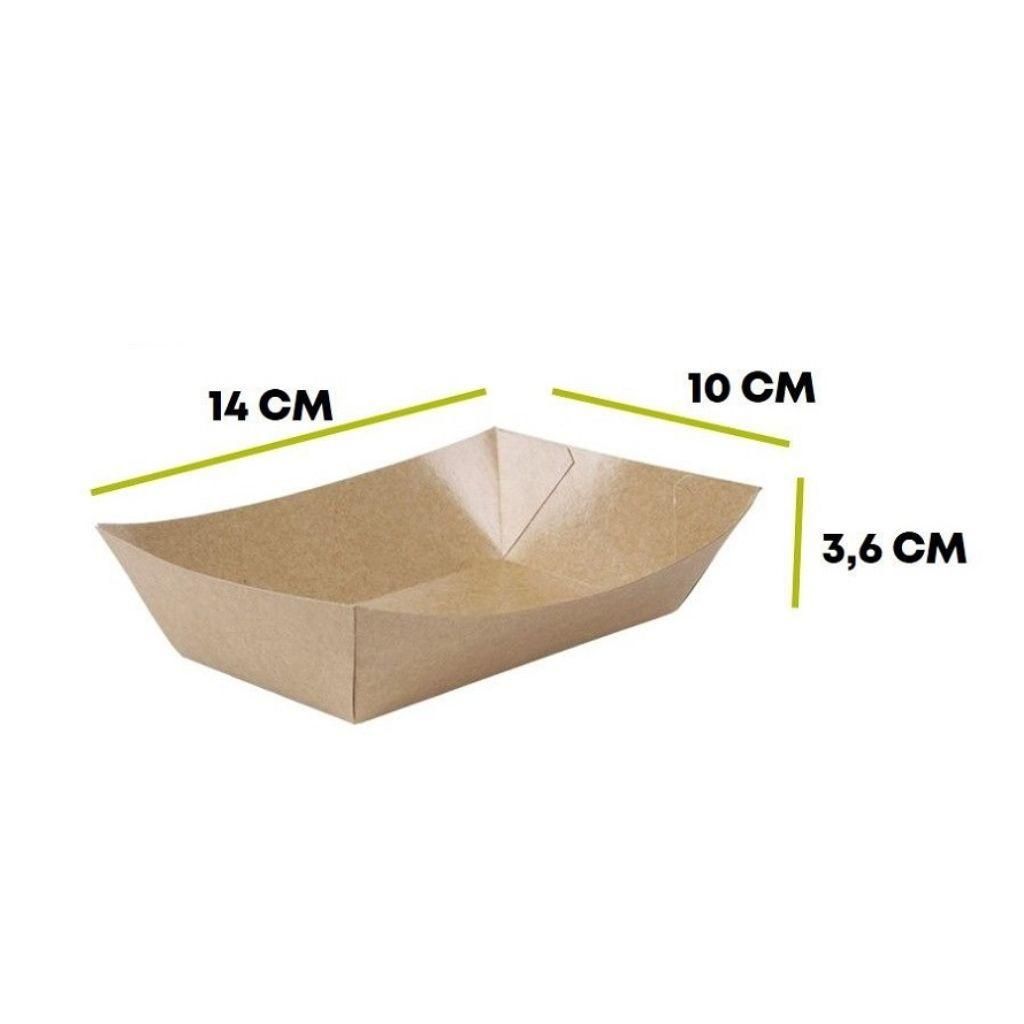 Vassoio per alimenti in carta marrone con dimensioni indicate: 14 cm, 10 cm e 3,6 cm